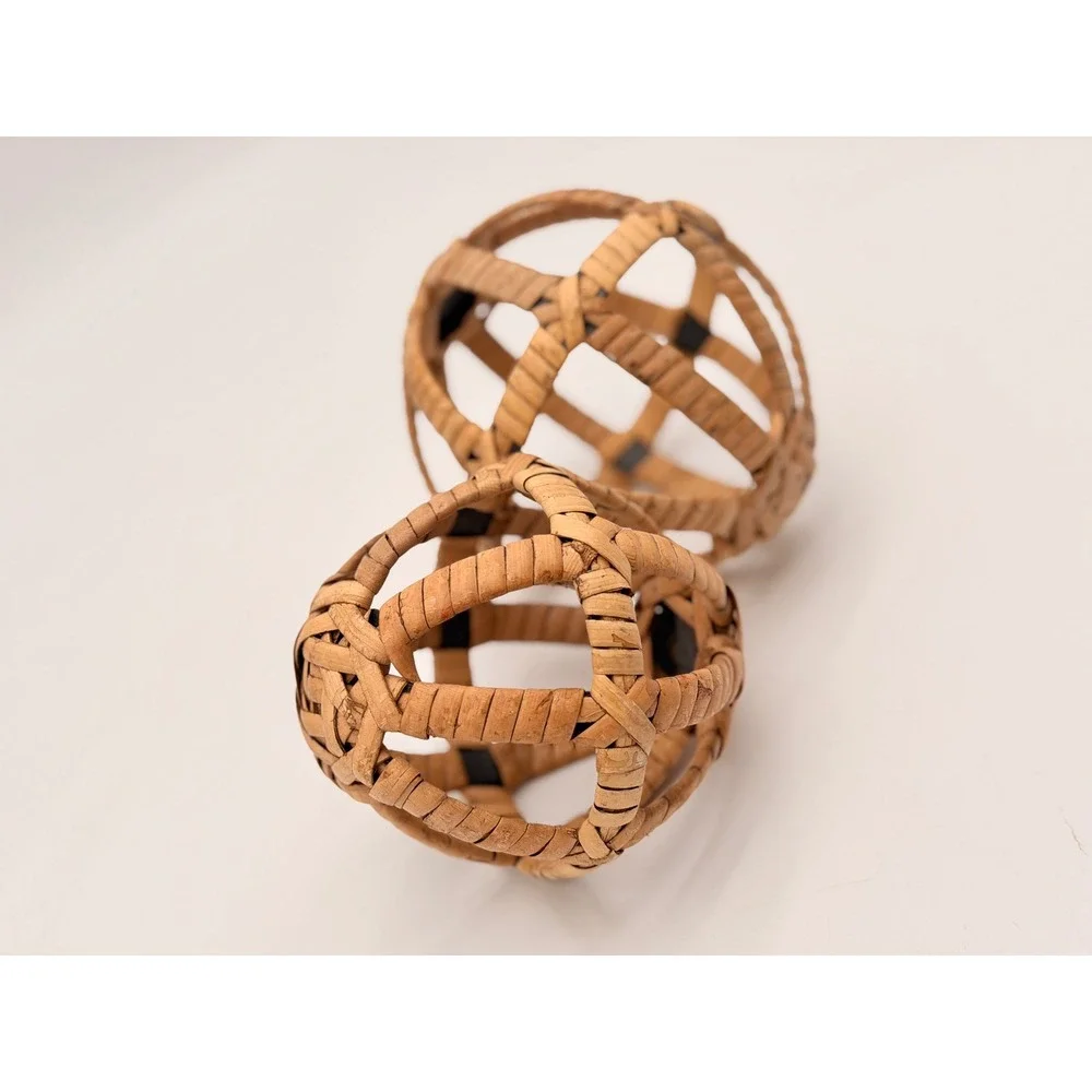 Set of 2 Woven Rattan Decorative Spheres Natural Wicker Orb Bowl Fillers Boho